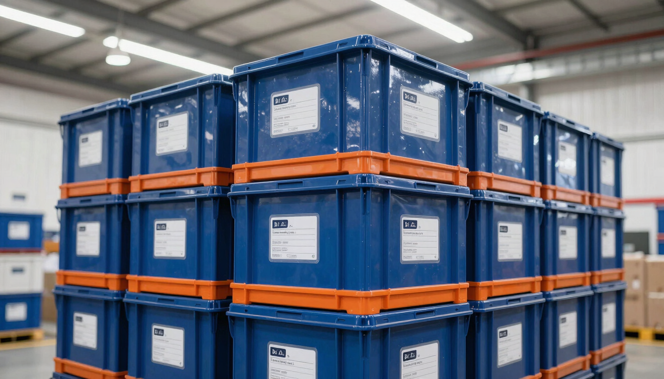 Close-up of secure, labeled shipping crates stacked in a bright, modern high-bay warehouse under crisp industrial lighting.