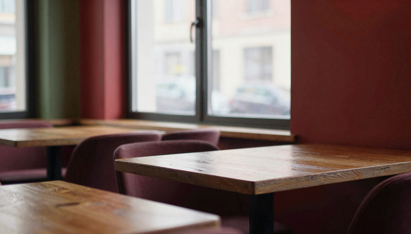 Cozy Scandinavian-style restaurant interior with empty wooden tables, warm window reflections, soft diffused natural daylight, rich crimson accents, 35mm