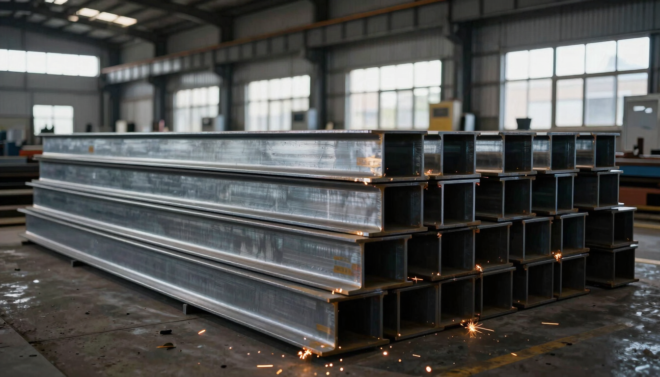 Wide-angle environmental shot of an active fabrication yard, heavy steel beams stacked under dramatic warehouse window light, metallic steel tones.