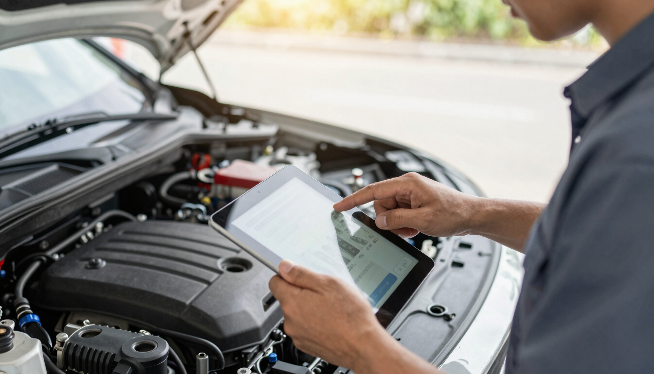 Close-up of a professional mechanic inspecting a modern car engine with a digital tablet, bright daylight, clean slate gray workshop, professional automotive delivery style.