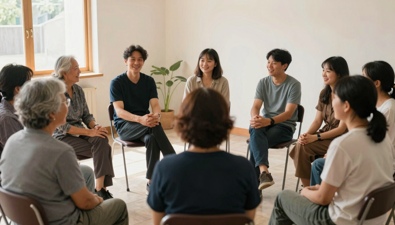 A bright, welcoming community room where a small group of local adults sit in a circle, talking and smiling under warm daylight, candid documentary style.