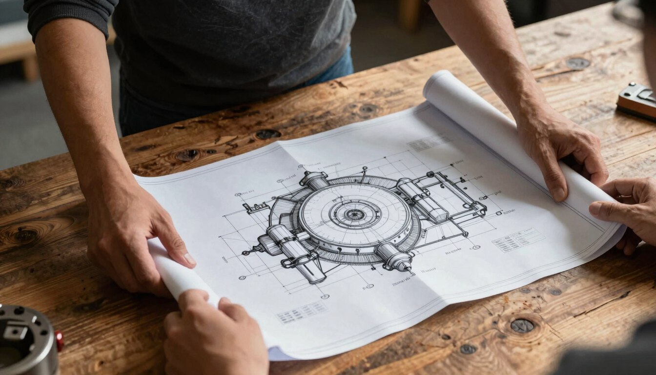Hands holding detailed industrial blueprints over a rustic wooden table, high-contrast industrial lighting, warm amber and cool slate tones.
