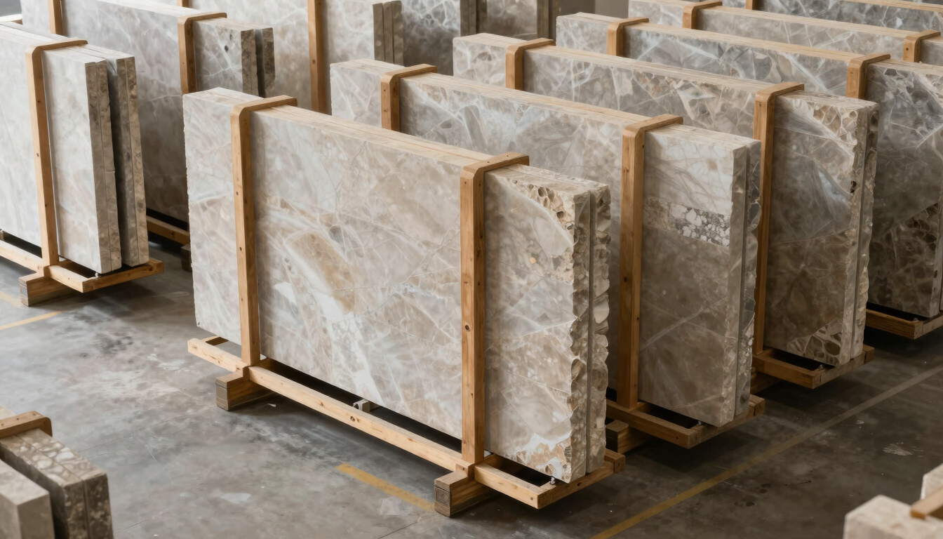 High-angle technical shot of a clean container loading bay, custom wooden A-frames securing large quartz slabs, soft natural side-light, industrial architectural photography
