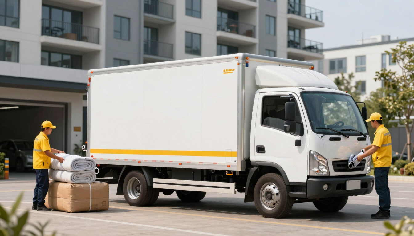 A clean, branded moving truck parked in a modern apartment tower loading bay, crew members in yellow uniforms preparing heavy-duty packing blankets.
