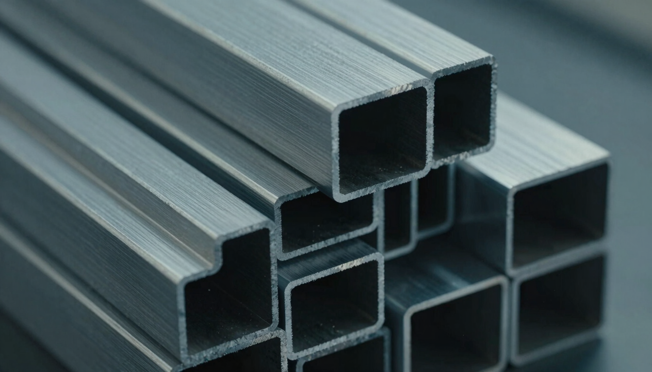 Macro shot of extruded architectural aluminum profiles stacked in geometric patterns, sharp details, cold blue-grey tones, cinematic shadows.