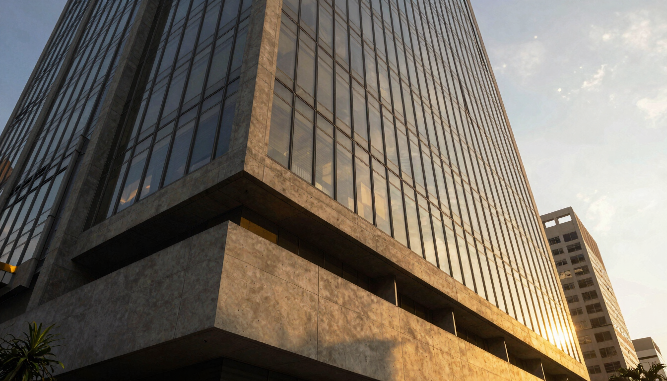 Ultra-wide architectural shot of a modern corporate building in São Paulo, sharp concrete angles and glass facade reflecting a warm yellow sunset light, high-contrast shadows