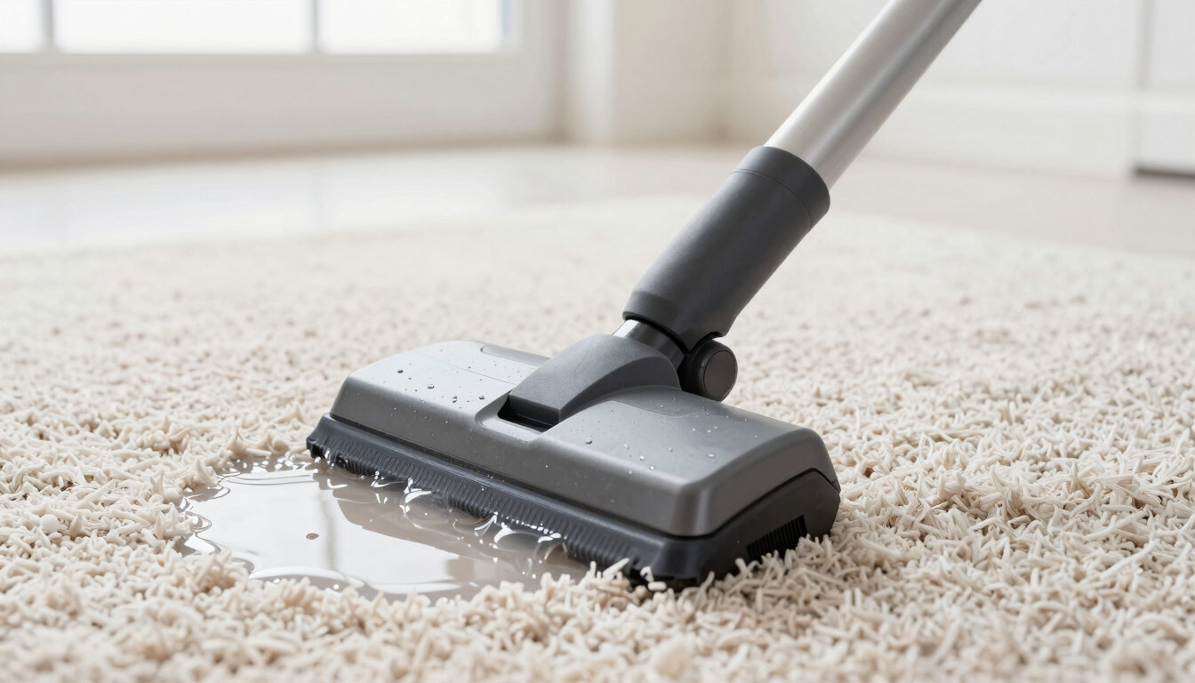 Close-up of a professional carpet cleaning wand extracting water from clean, light-colored carpet fibers under bright daylight.