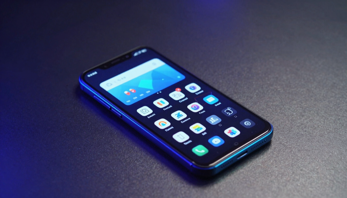 Isometric view of a sleek black Android smartphone displaying a dark-themed application interface with electric blue accents, resting on a dark metallic surface, cool neon lighting, 35mm.