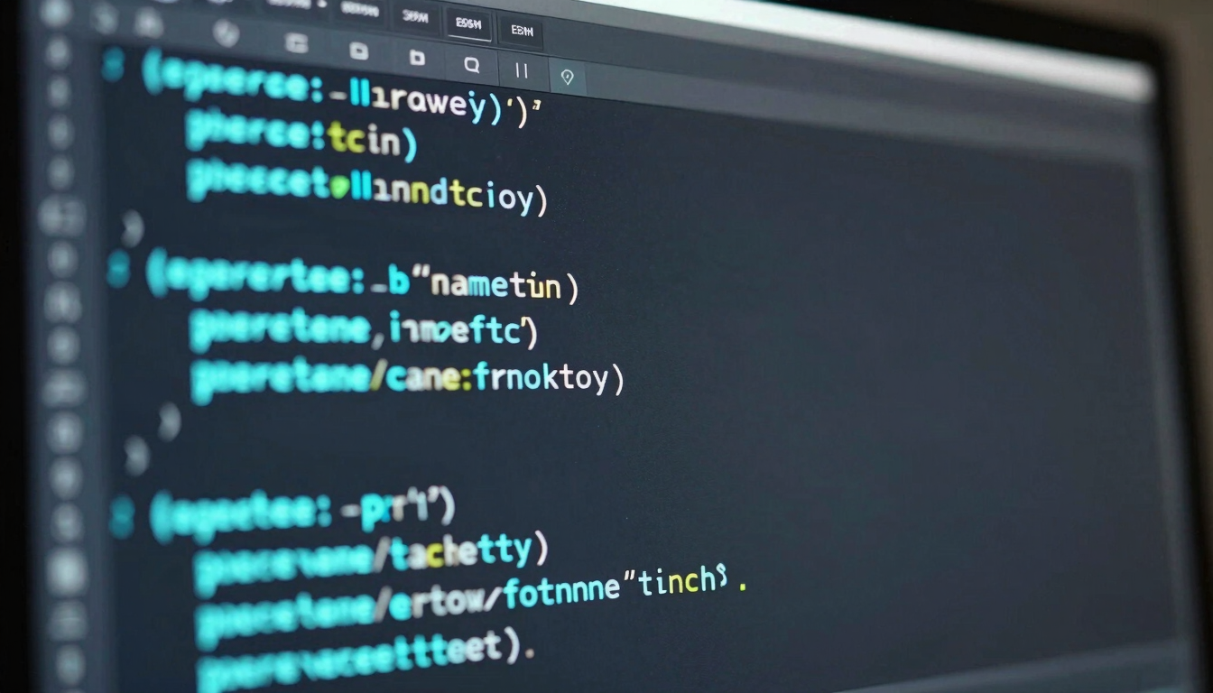 Extreme close-up of a clean code interface on a high-end monitor, displaying structured syntax, cool-toned electric cyan highlights, dark background, shallow depth of field