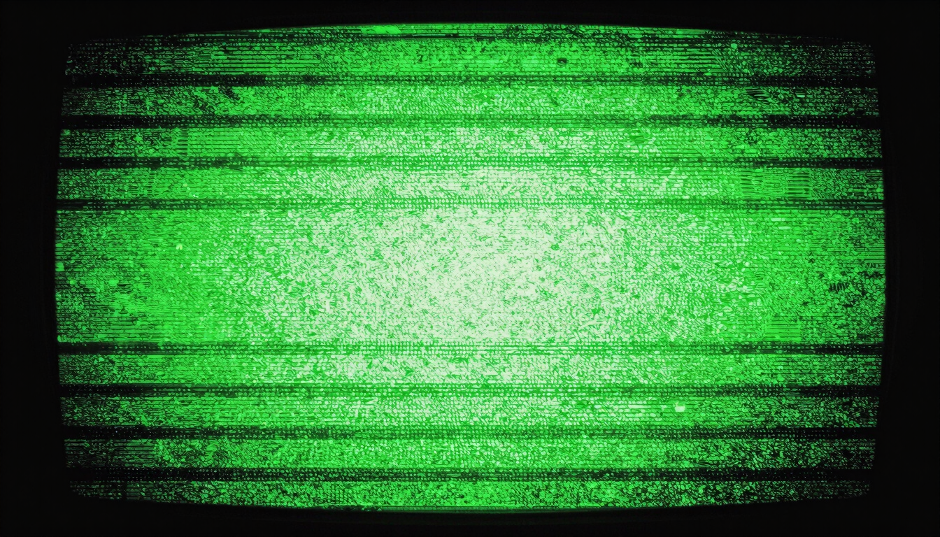 Glitchy analog screen static with high-contrast green neon glow, rough photocopy texture, 35mm grain