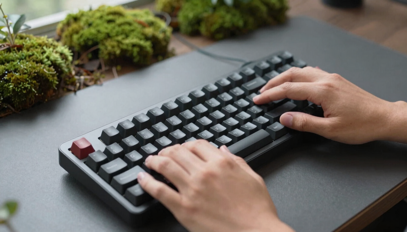 A close-up of hands adjusting a premium mechanical keyboard on a matte charcoal desk, surrounded by potted moss and soft, diffused daylight, shallow depth of field, 35mm.