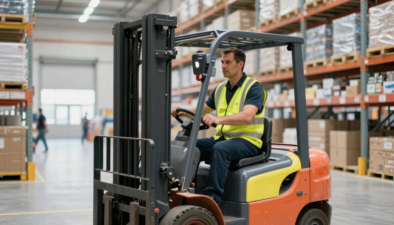A professional forklift operator in a high-visibility vest navigating a bright, modern European warehouse facility, sharp focus, 35mm lens.