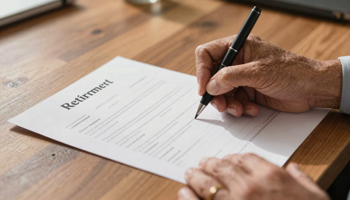 Close-up of mature Mexican hands signing physical retirement documents on a wooden desk, warm natural morning light, highly detailed.