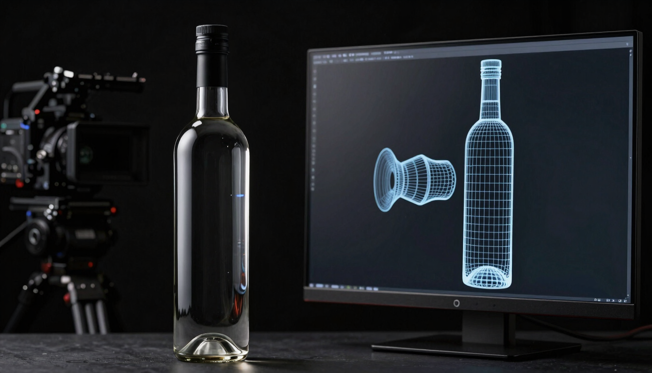 Sleek commercial camera rig in a dark studio, capturing a premium glass bottle with sharp highlights, side-by-side with its complex 3D wireframe model on a monitor, high-contrast, 35mm