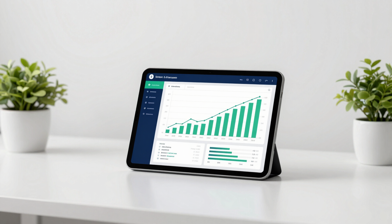 A minimalist professional workspace with a tablet showing financial growth graphs, crisp daylight, clean white desk, subtle green plant.