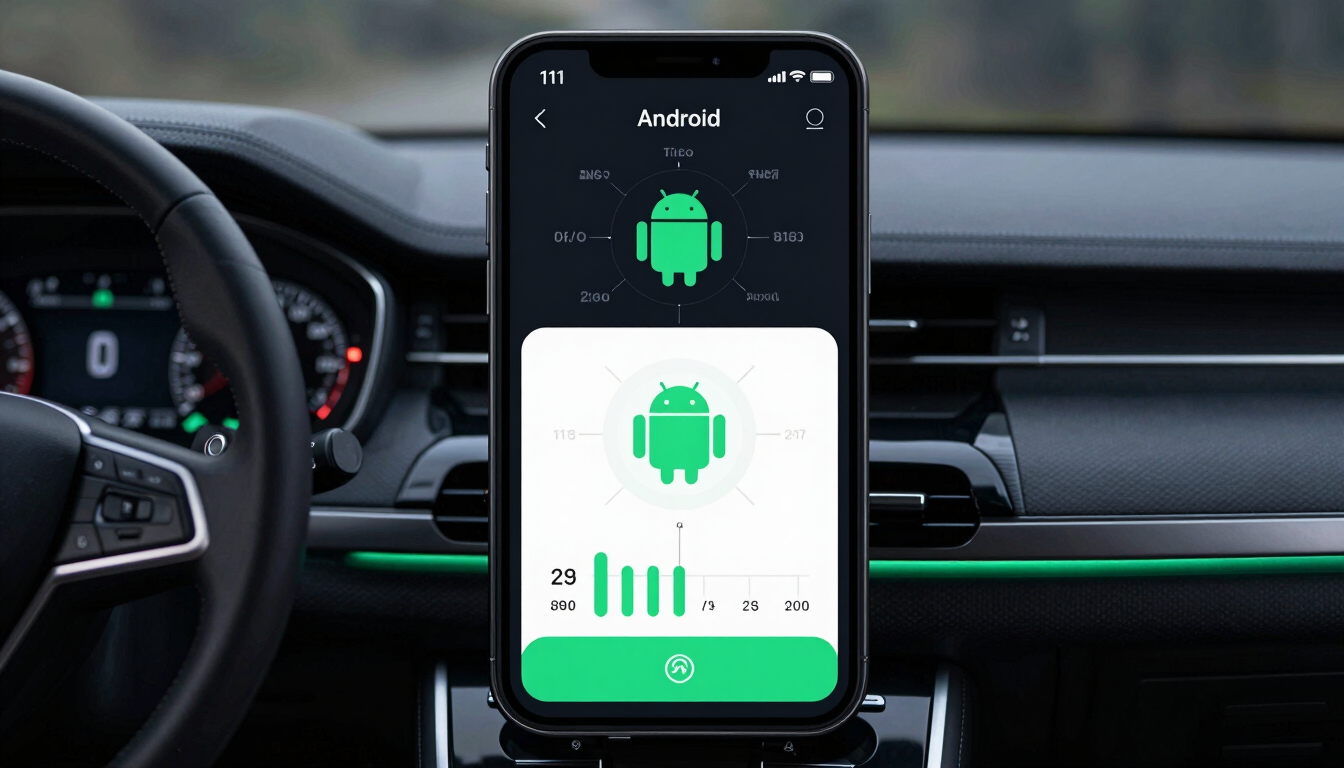 Clean vector UI wireframe of a high-contrast Android driving app interface, dark theme with electric mint-green accents, technical schematics