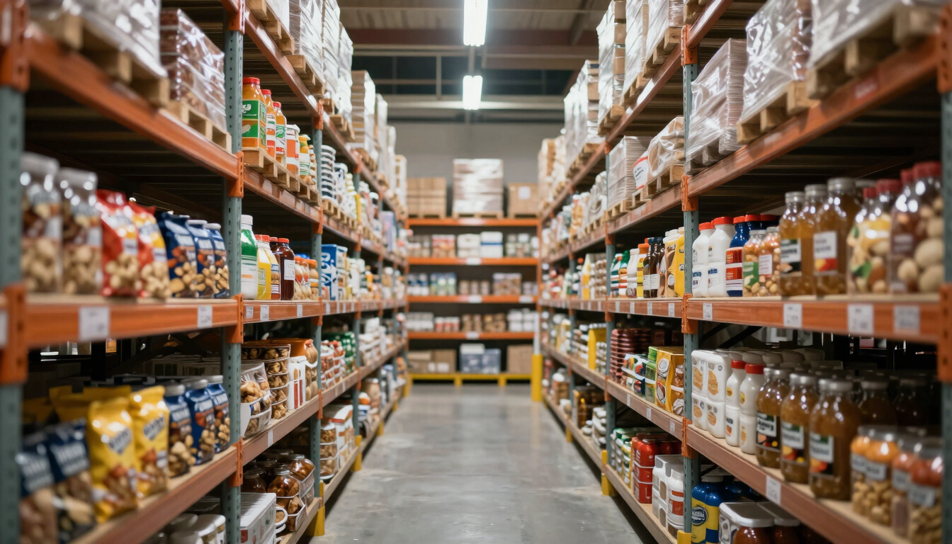 Clean interior of a temperature-controlled HACCP-compliant warehouse in Amman, high-contrast professional lighting, organized racks of food commodities