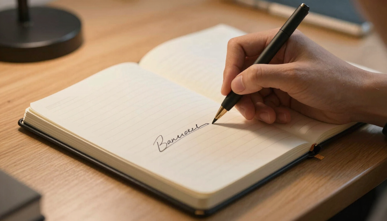 Close-up of a student's hand writing in a notebook with neat ink corrections, a wooden desk surface, warm lamp light