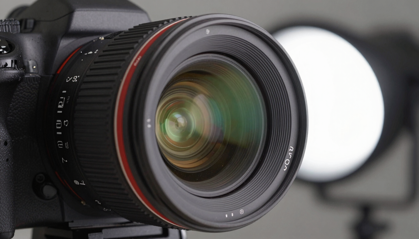 Close-up of a high-end digital camera sensor and professional studio lighting setup, sharp focus, rich colors, high-definition details