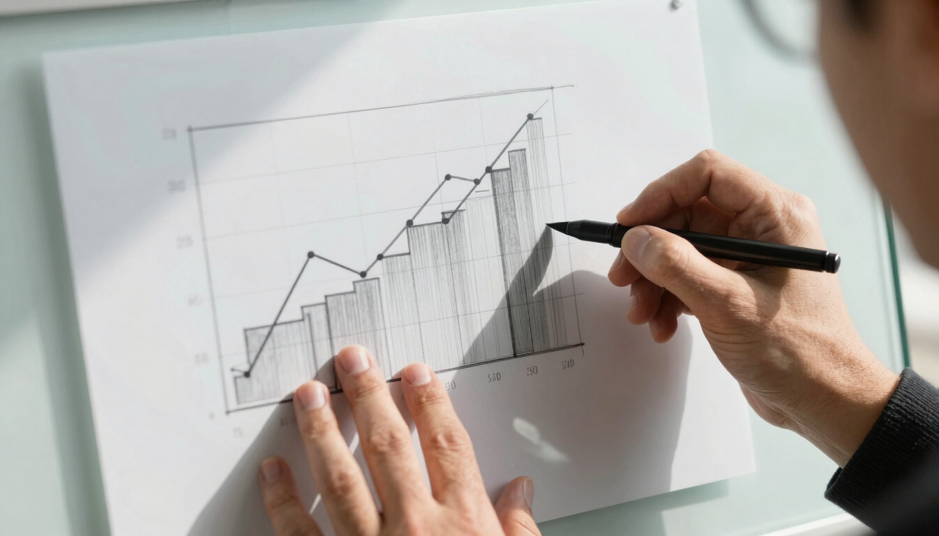 Close-up of hands sketching a structured financial forecasting chart on a white glass board, crisp daylight casting clean geometric shadows.