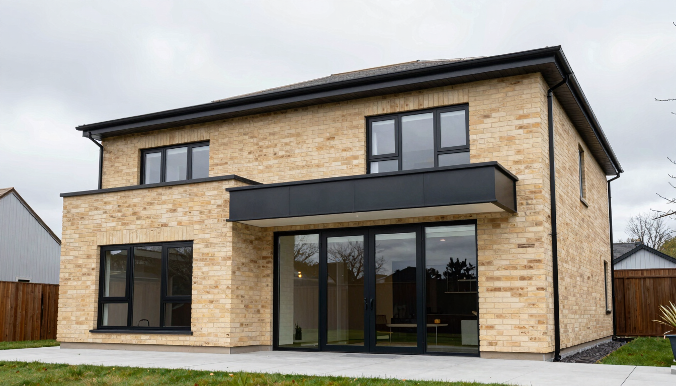 Premium architectural photography of a completed modern house extension in Rochdale, clean brickwork, large glass doors, overcast North West daylight, 35mm lens