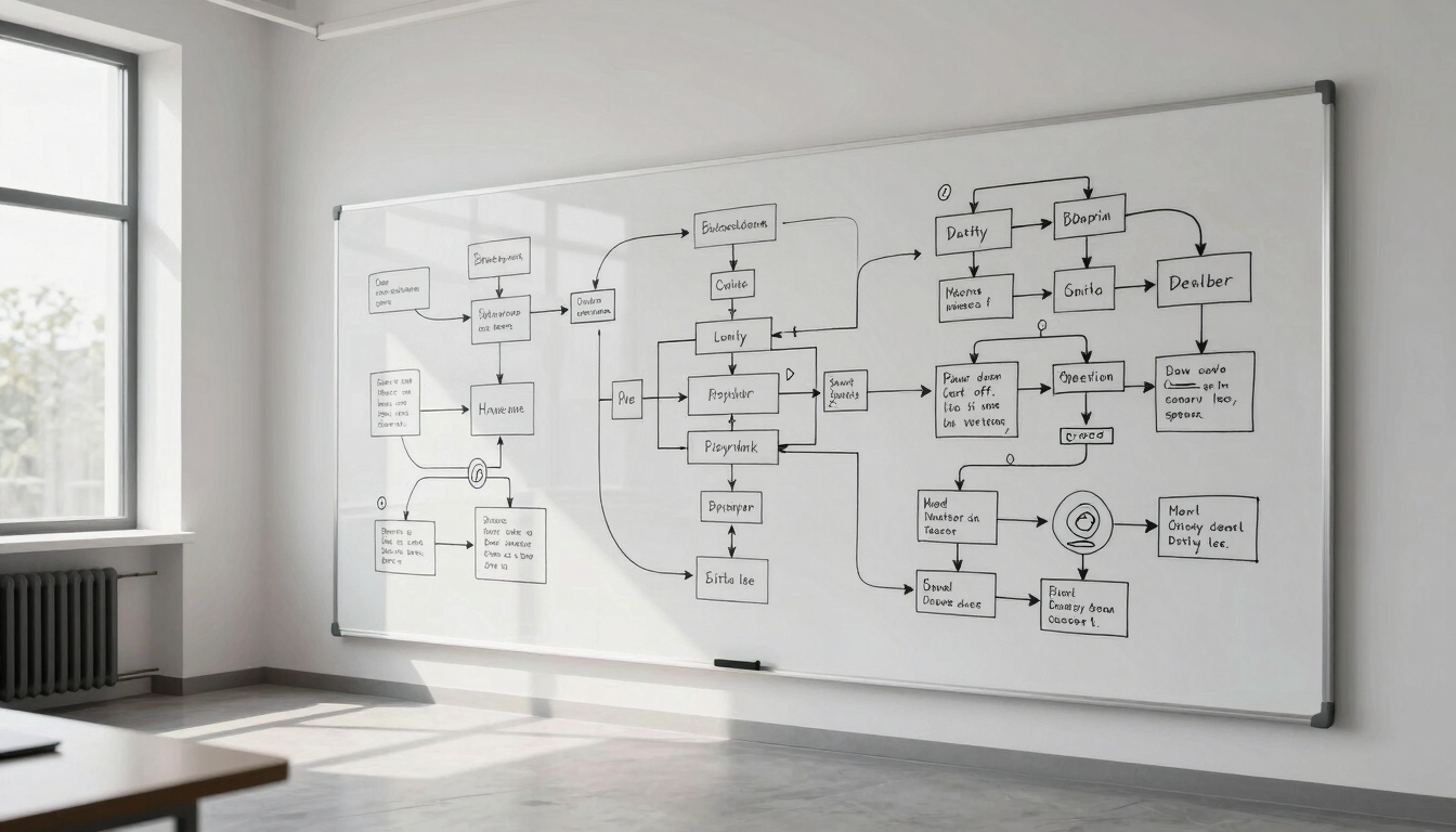 Wide environmental shot of a clean, minimalist design studio, a large floor-to-ceiling whiteboard filled with complex hand-drawn operational flowcharts and bottleneck maps, natural side-lighting from a large window.