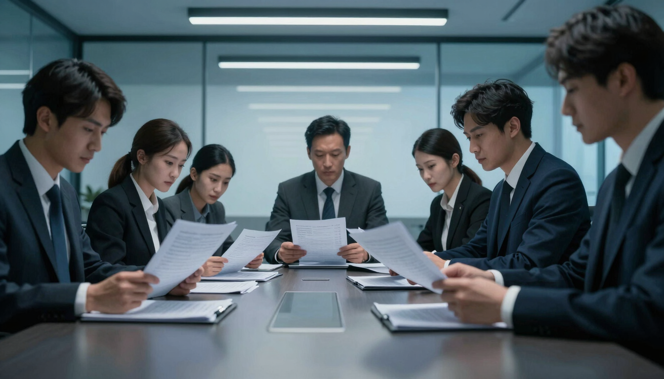 Cinematic close-up of a corporate defense team analyzing documents in a high-ceilinged boardroom, sharp shadows, cool blue hour lighting.