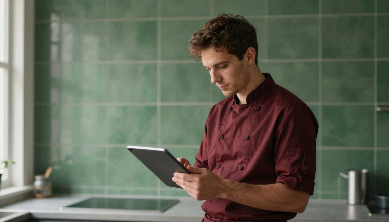 A vertical portrait of a modern chef in a minimalist kitchen looking at a tablet dashboard, soft natural window lighting, matte forest green tiled wall in the background, 35mm photography.