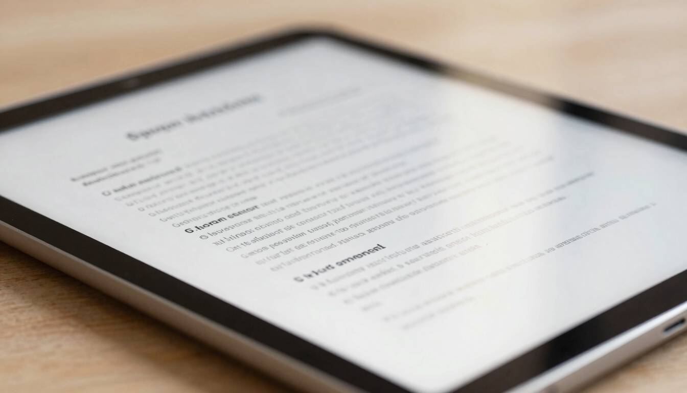 Close-up of legal documents on a modern tablet, warm editorial photography, soft diffused window light, deep navy and gold accents