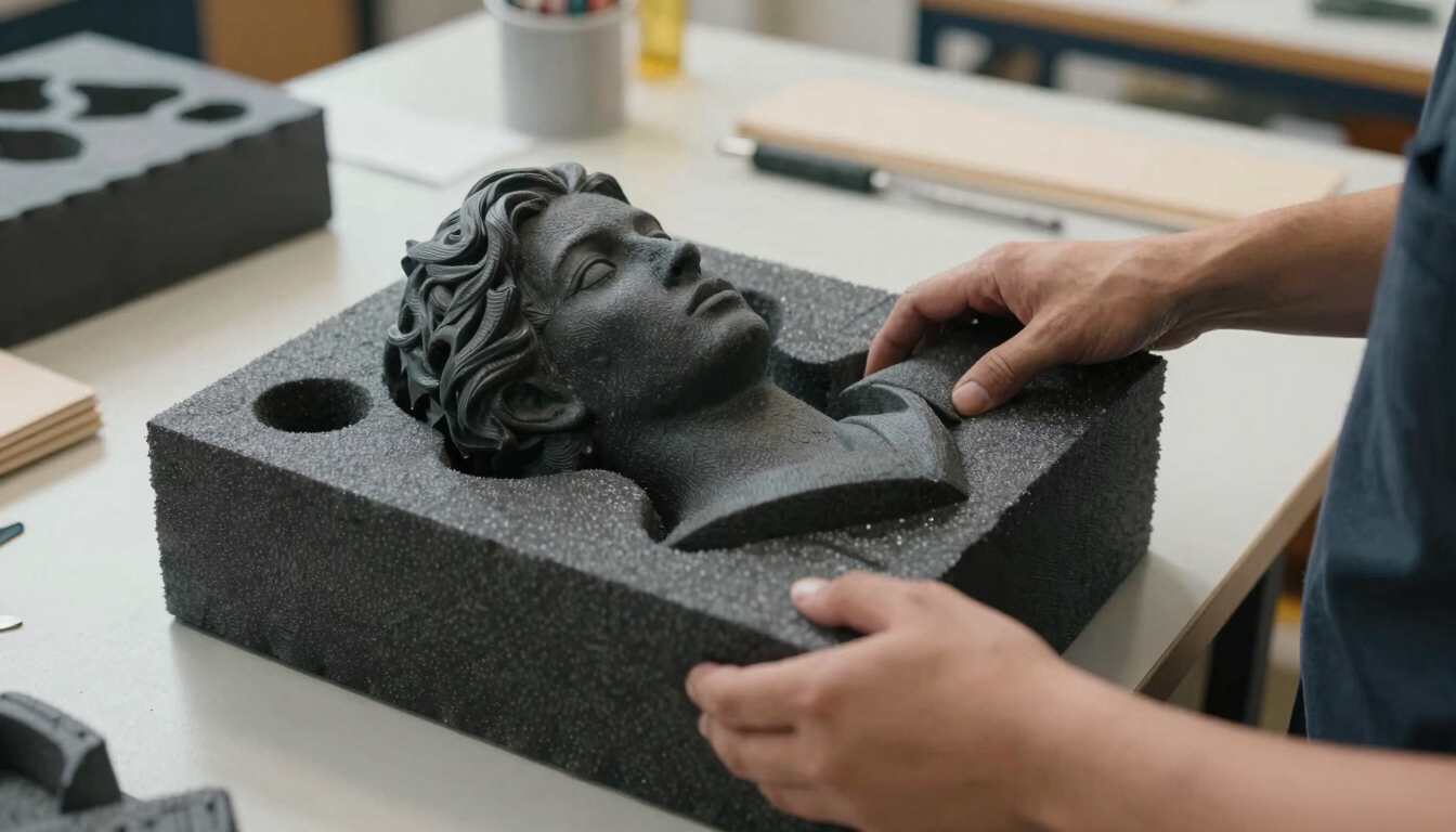 Medium close-up of a packing specialist wrapping a high-value sculpture in protective custom-fit foam, clean hands, bright daylight, organized workspace.