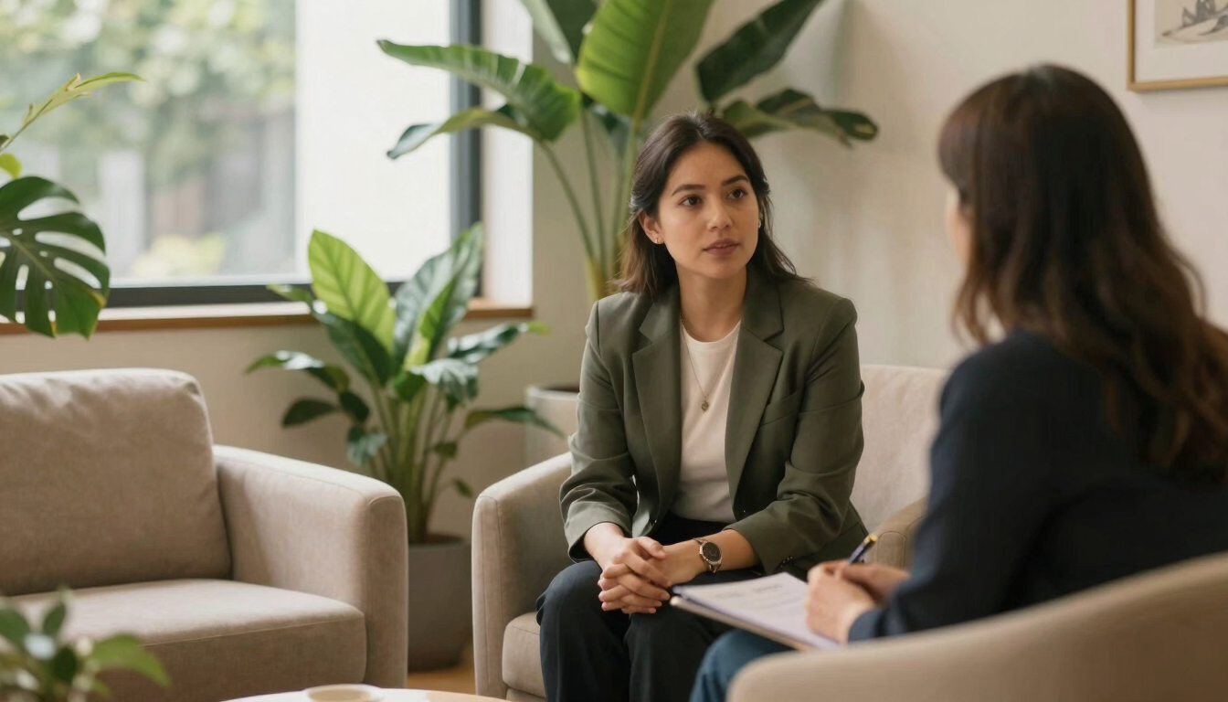 A warm, professional consultation room in Monterrey with soft green plants, comfortable beige armchairs, and gentle daylight filtering through a window.