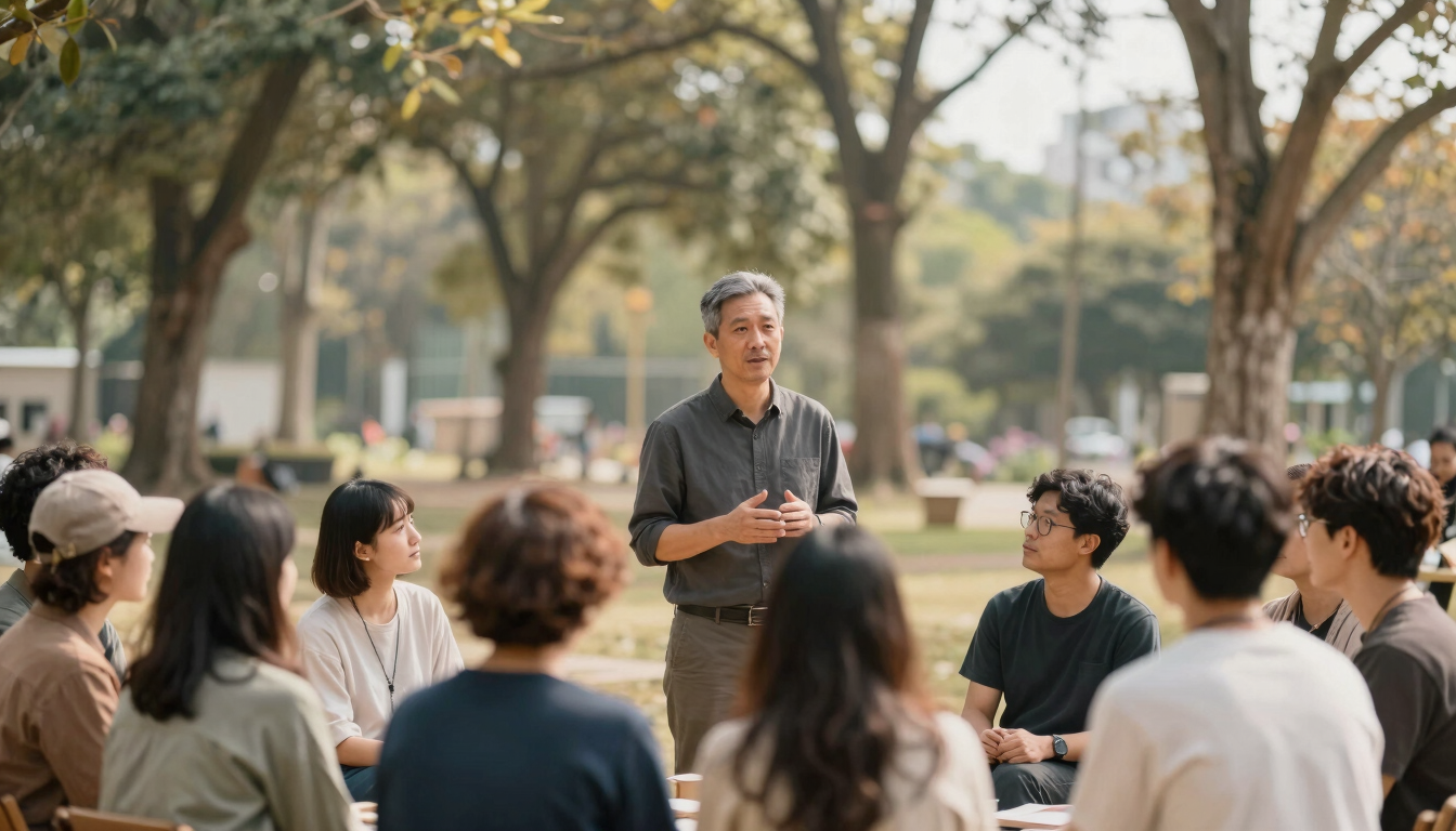 A tall portrait photograph of a facilitator guiding a small group of people in an outdoor clearing, tall trees softly blurred in the background, warm natural daylight