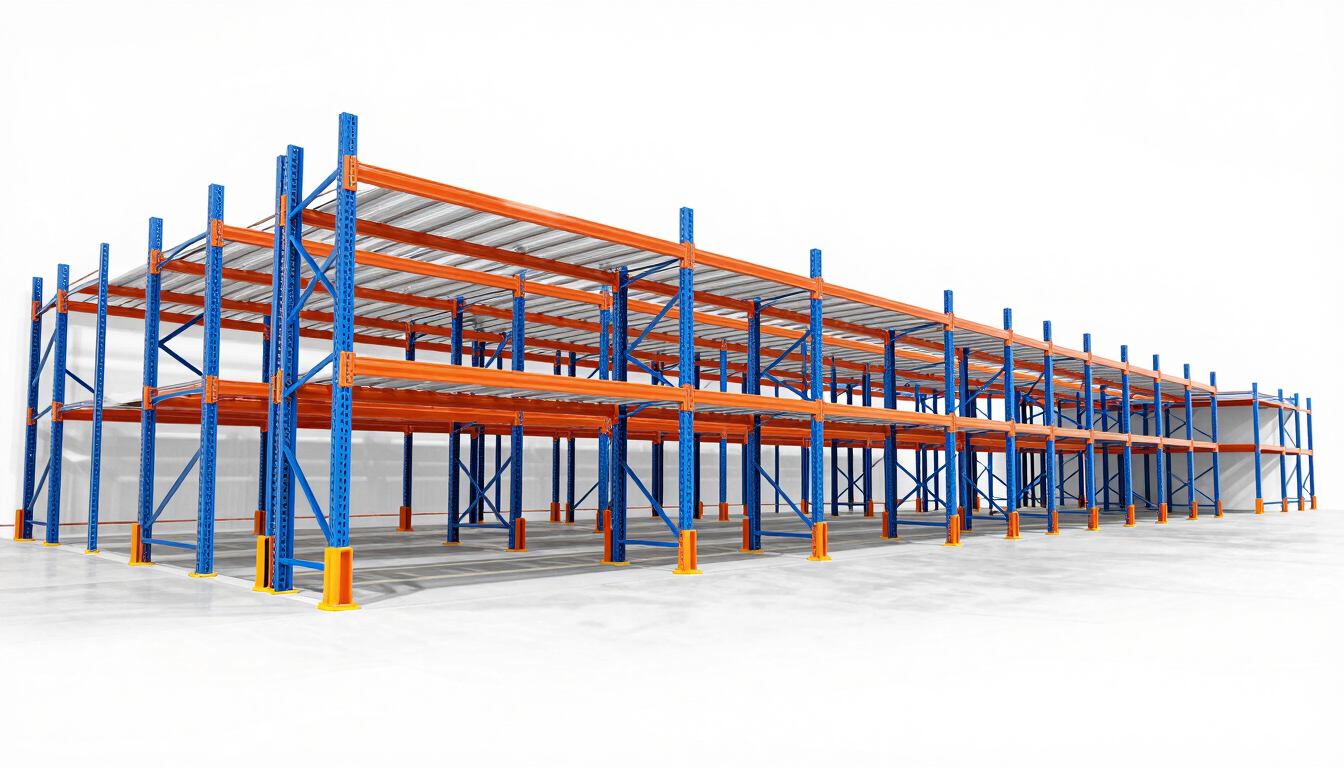 Bright high-key commercial photography of a modern warehouse, clean storage racks with blue structural lines and orange highlights, daylight, 24mm