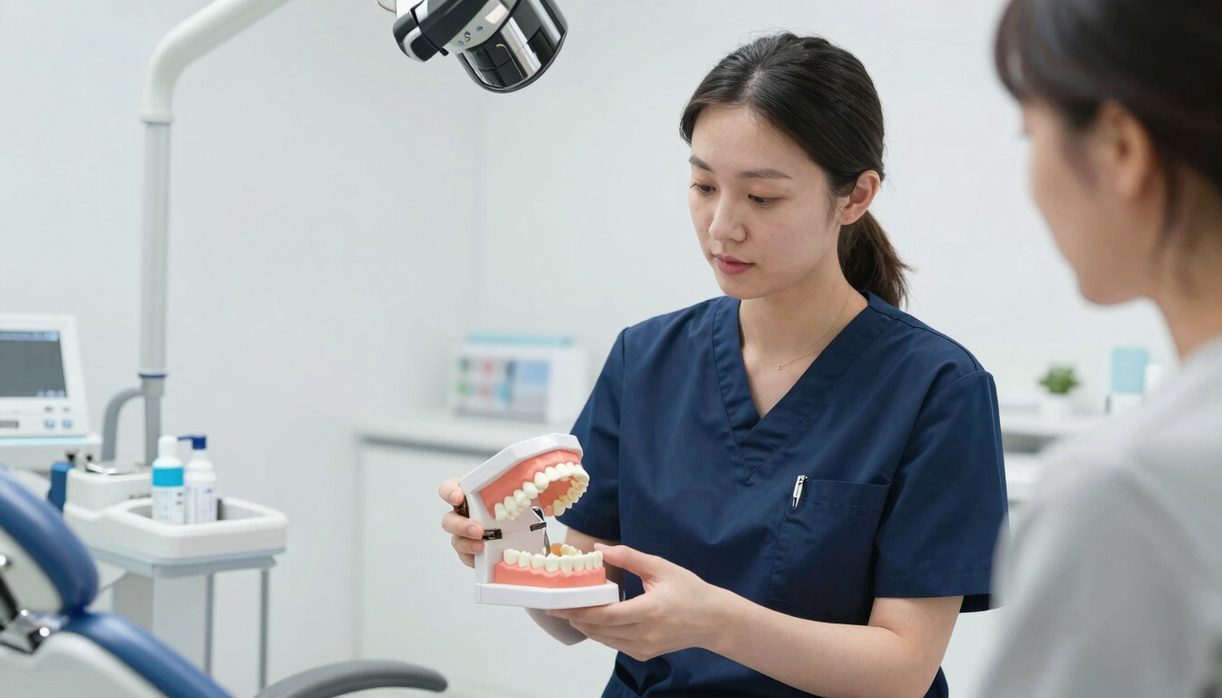 A professional female dentist in dark blue scrubs discussing a 3D physical jaw model with a patient in a bright, modern UK consultation room.
