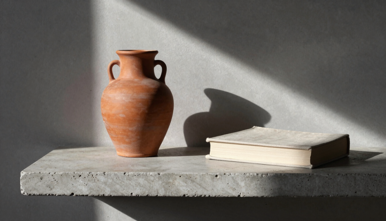 A minimalist concrete shelf holding a terracotta vessel and a single linen-bound book, soft morning light casting long diagonal shadows.