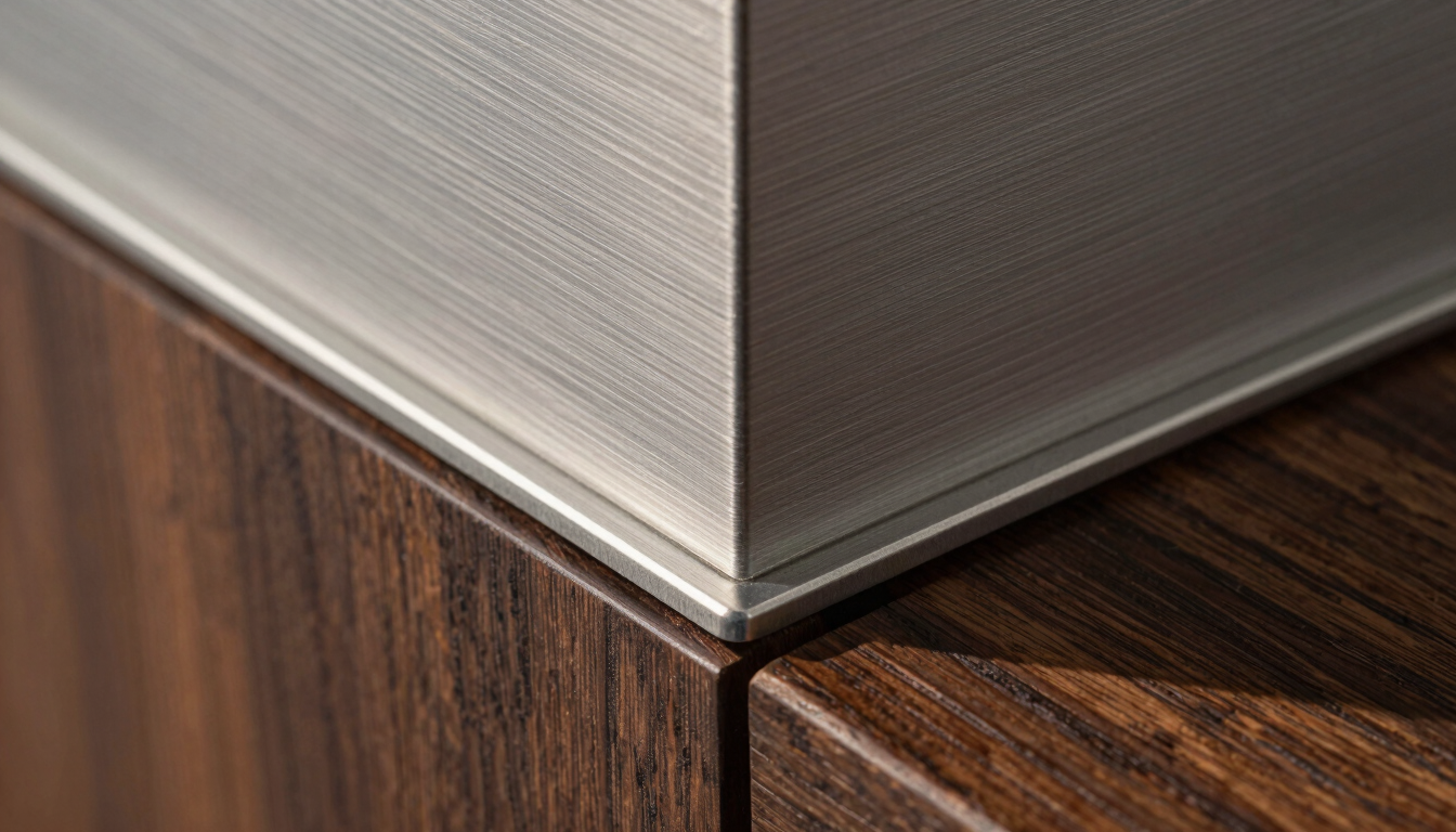 Extreme close-up of tactile brushed steel meeting dark oak wood, razor-sharp geometric alignment, direct sunlight, architectural detail
