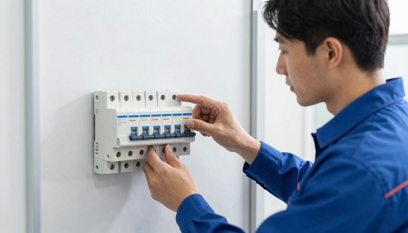 A professional electrician in a clean uniform testing a modern circuit breaker with digital equipment, bright natural daylight, sharp focus.