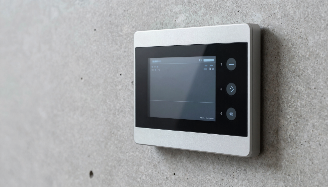 Crisp architectural photography of a minimalist home automation interface integrated into a raw concrete wall, clean metallic frame, soft technical led glow, sharp focus, 35mm lens