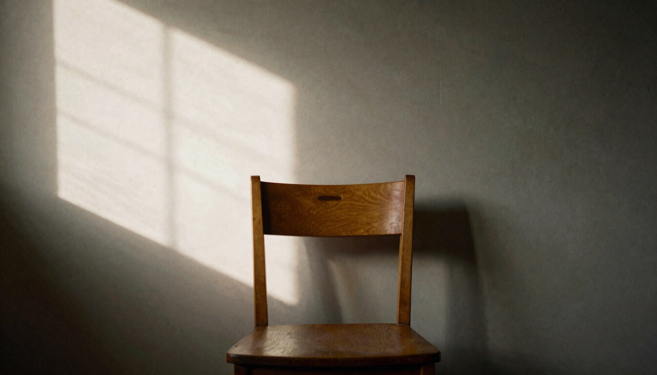 A quiet interior space with a single wooden chair, soft directional north-facing window light casting long shadows on a warm gray wall.