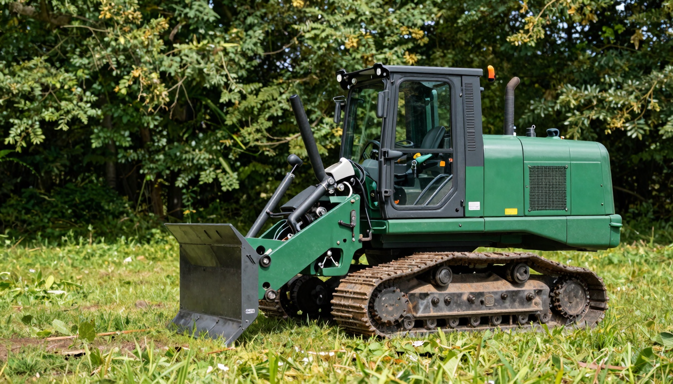 Side view of a heavy-duty green tracked stump grinder parked on a lush green lawn, sharp focus, bright daylight, 35mm