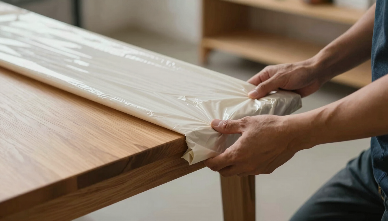 Close-up of a professional mover's hands carefully wrapping a wooden table corner with thick protective blankets and heavy-duty shrink wrap, natural daylight.