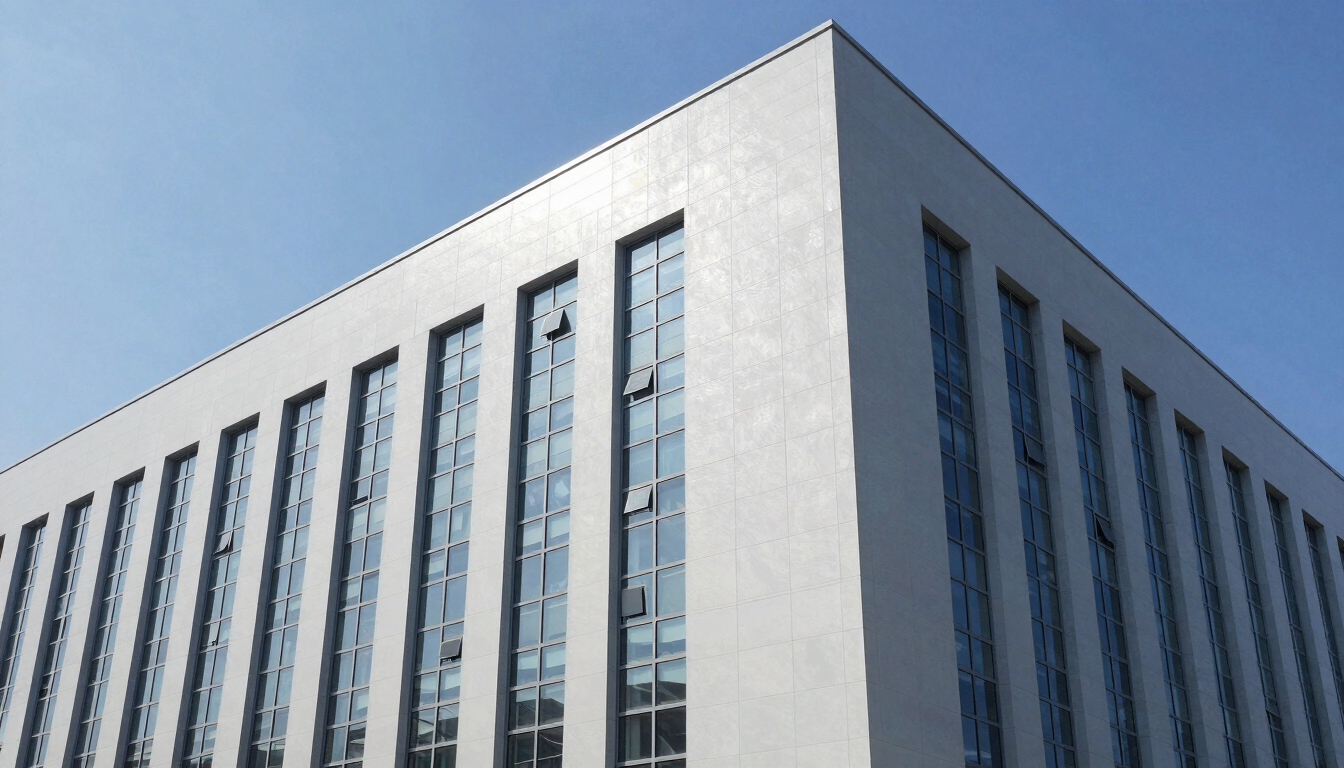 Low-angle architectural shot of a massive, modern industrial facility with clean lines, cool-toned daylight filtering through high windows, sharp focus.