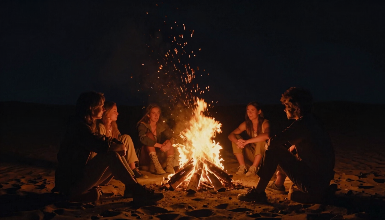 Silhouettes of friends sitting around a roaring campfire in the deep black desert night, sparks flying upward, warm orange glow on faces, cinematic 35mm film