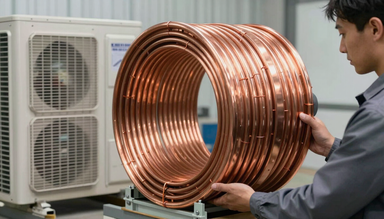 A pristine clean copper coil of an air conditioning unit being slid into place by a professional technician in a clean uniform, bright utility lighting.