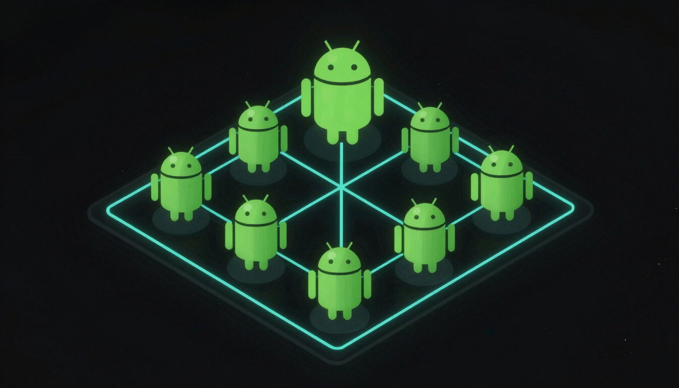 Isometric vector diagram of a secure, sandboxed Android system architecture, clean green and cyan lines on a pitch-black background.