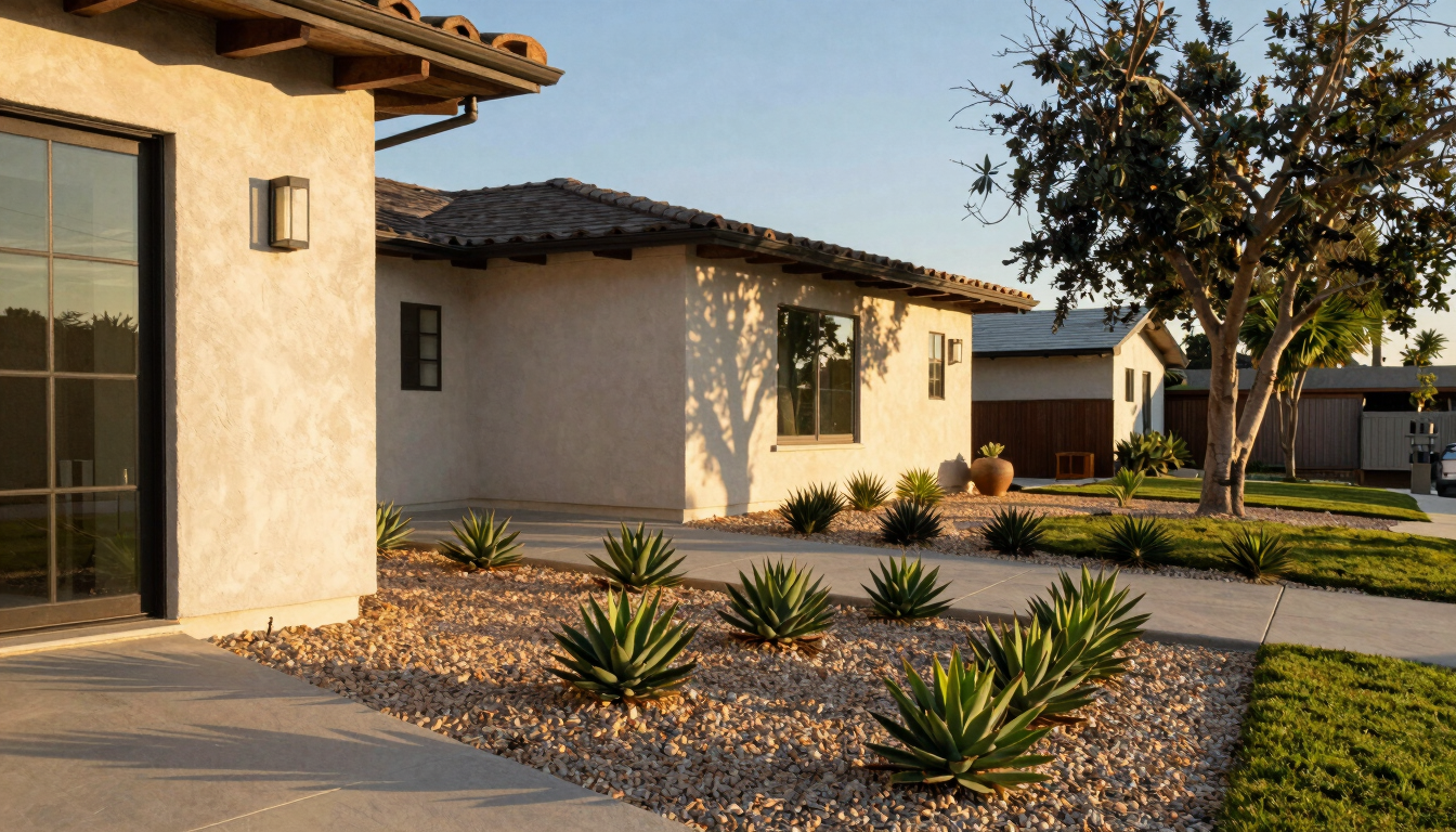 Medium shot of a modern home exterior in Altadena, showing three distinct zones of landscaping: clean gravel near walls, low green succulents further out, and pruned oaks in the distance, warm light