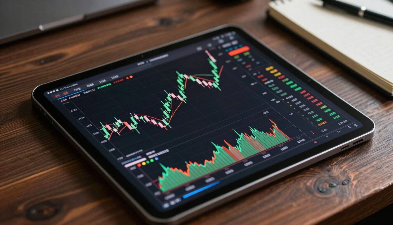 Close-up of a clean tablet screen displaying detailed candlestick charts and technical indicators, resting on a dark wooden desk next to a notebook.