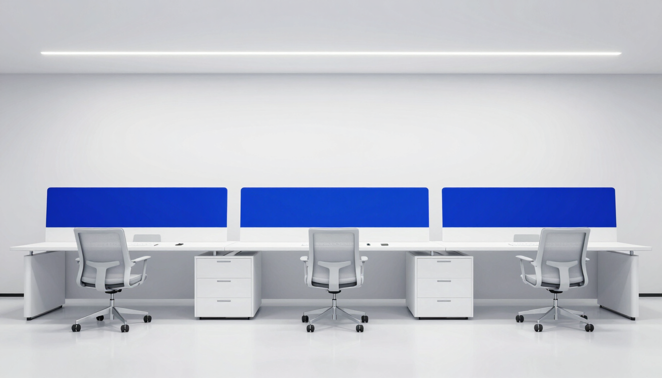 Sleek modern workspace in an architectural office, bright high-key cool white lighting, clean lines, sharp focus, 35mm