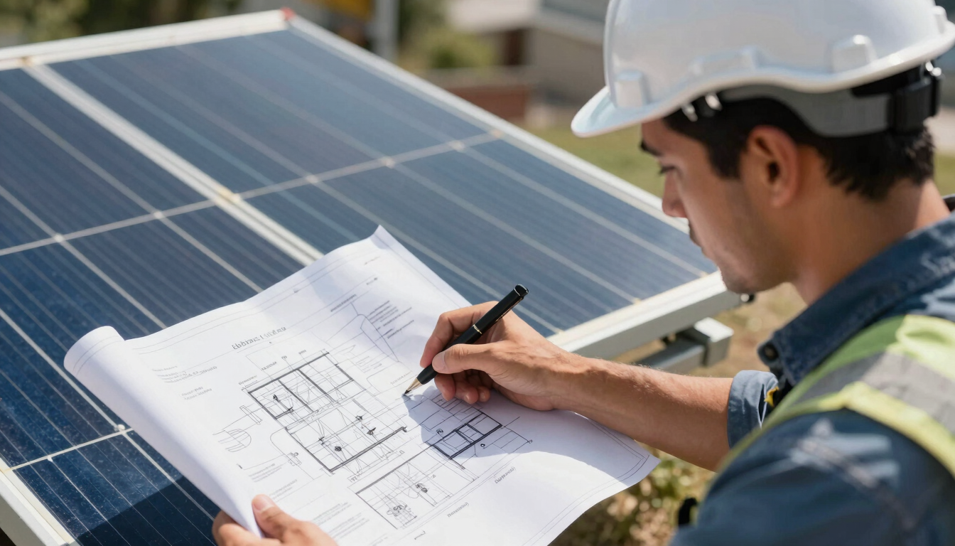 Close-up of a Colombian electrical engineer in a white hardhat reviewing technical blueprints on a solar mounting structure, bright direct sunlight, sharp focus.