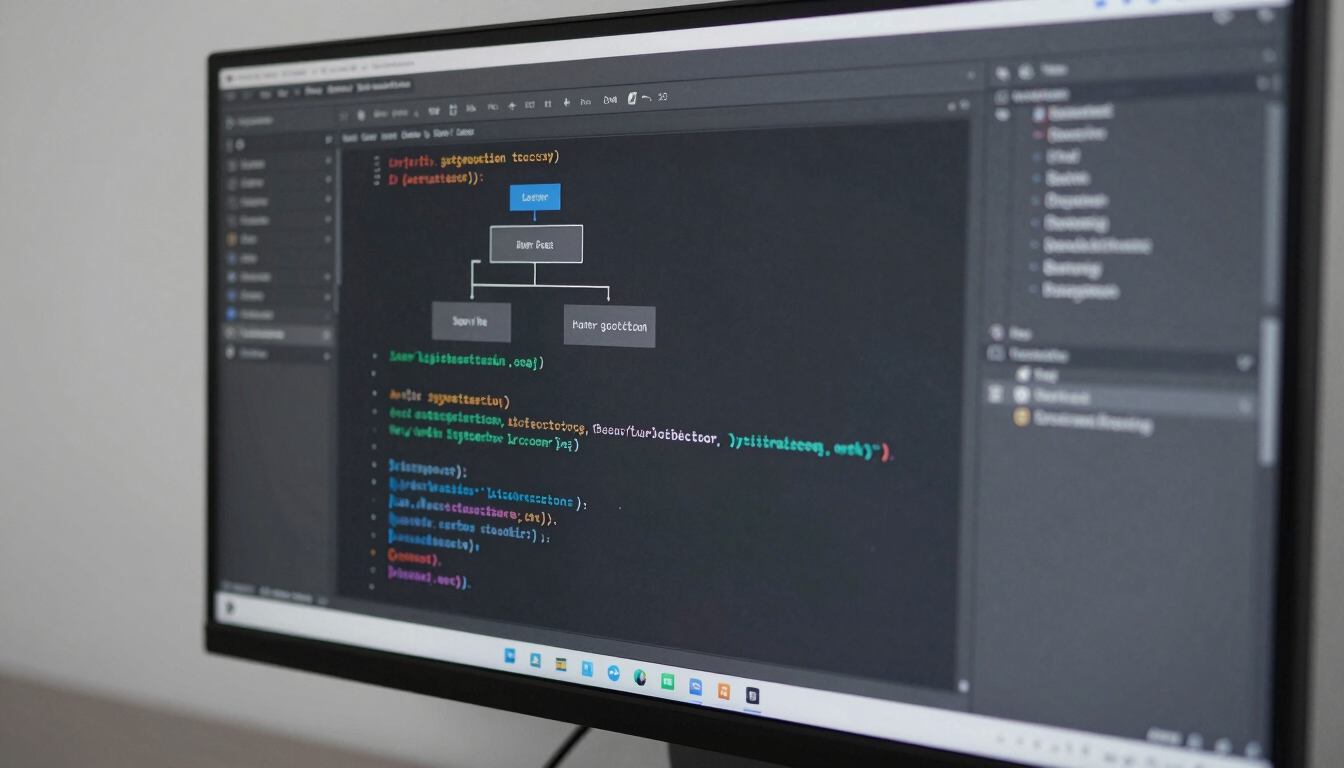 Crisp technical photography of a clean code editor showing system architecture diagrams on a vertical monitor, cool diffused studio lighting, slate gray and silver tones, sharp macro focus, 35mm